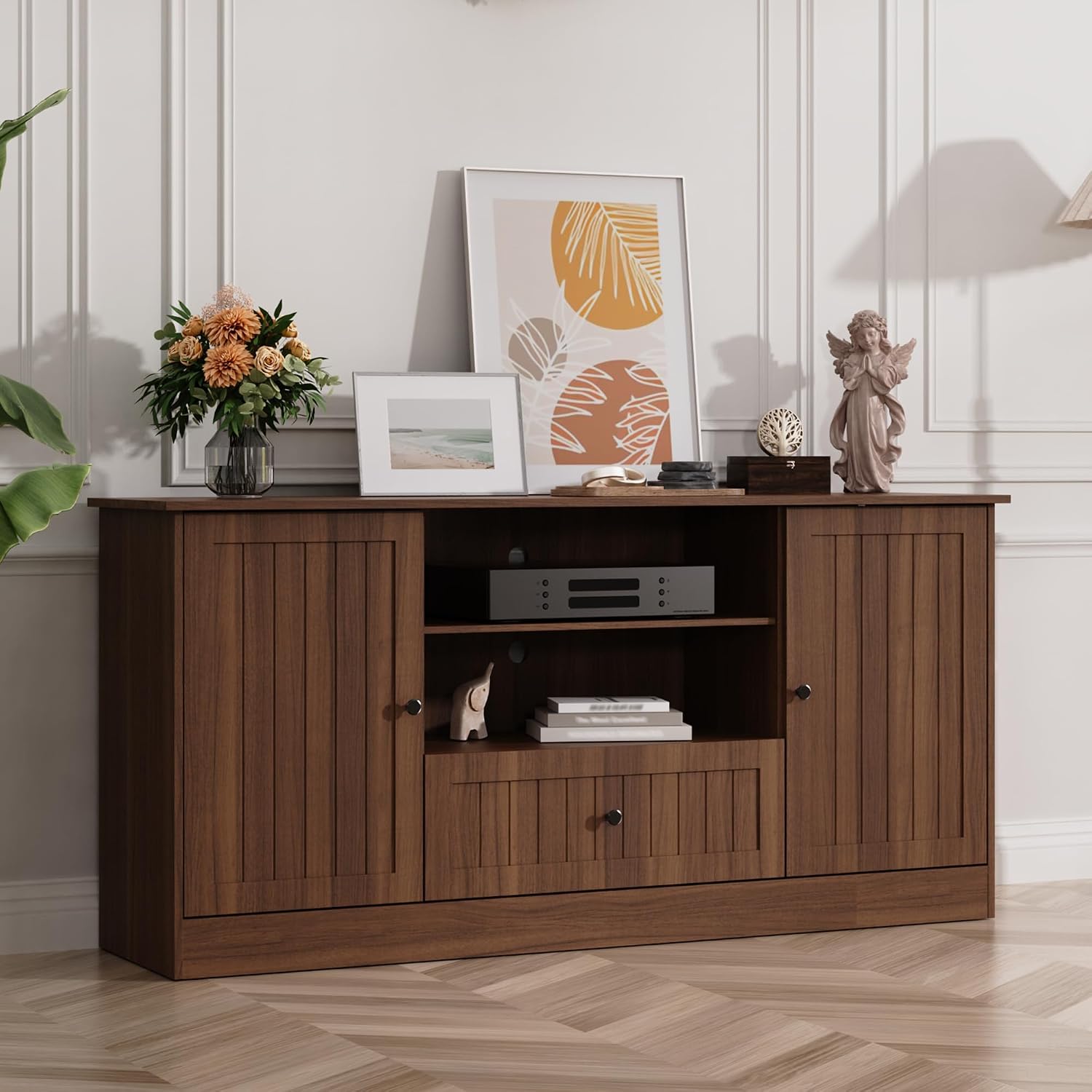 Furnify 63 in Farmhouse TV Stand for TVs up to 70 Inch, Modern Entertainment Center with Storage Drawer and Open Shelves, Shaker Door TV Console Media Cabinet for Living Room, Bedroom, Walnut