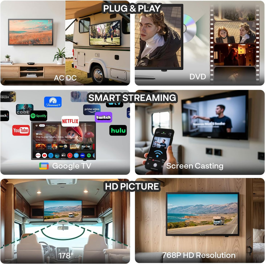 SYLVOX 19'' RV TV, Smart 12V HDTV W/DVD Player, Dual Power Options (12V DC/AC), Google OS & Google Assistant Compatibility, WiFi & Bluetooth, HDMI/USB Ports, Perfect for RVs, Campers, and Kitchens