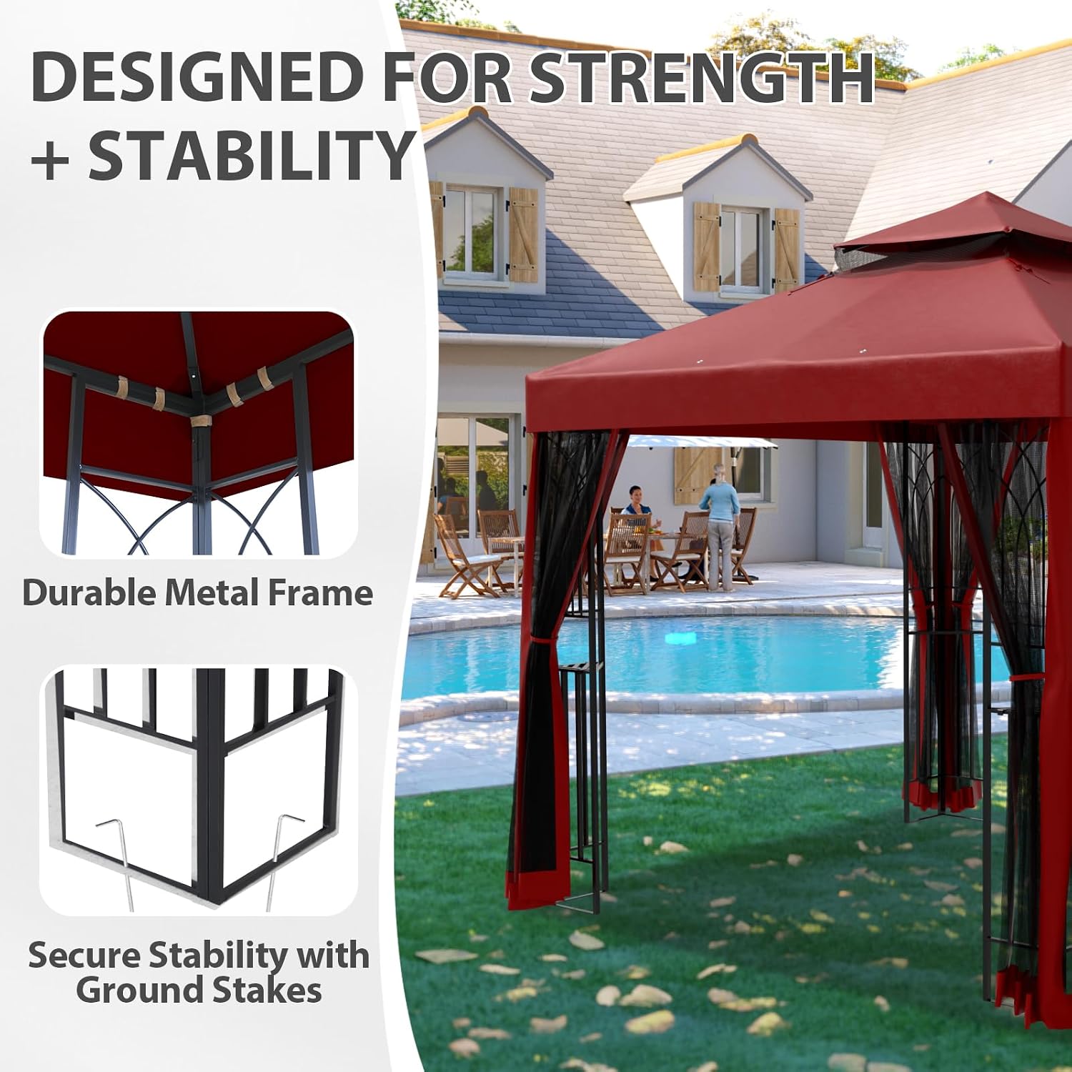 EAGLE PEAK 8x8 Patio Gazebo with Mesh Netting, Double Roof Outdoor Pavilion with Corner Shelves for Lawn, Deck, Garden and Backyard, Red