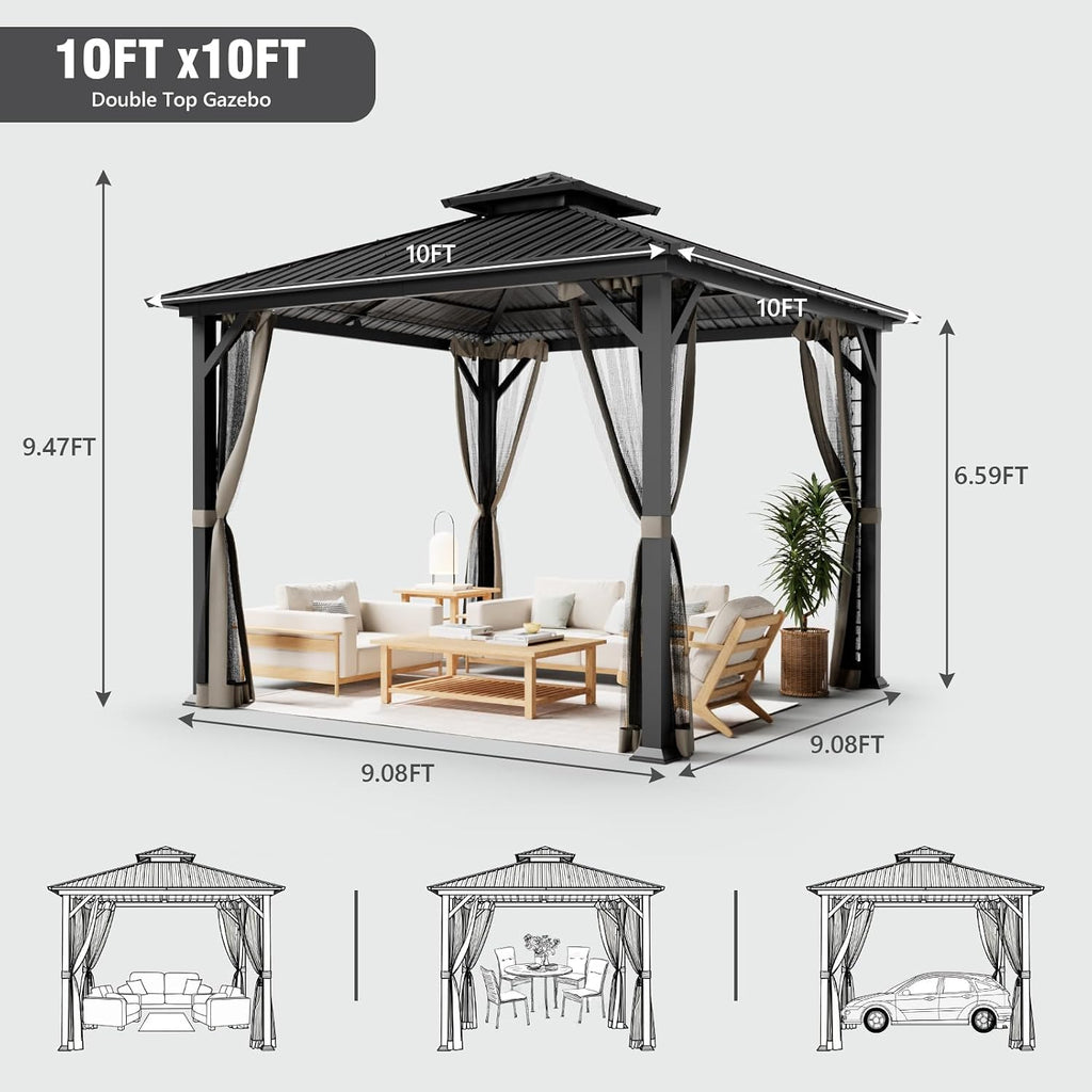 10x10 Hardtop Gazebo, Heavy Duty Outdoor Gazebo with Powder-Coated Iron Frame,Double Galvanized Steel Roof, Permanent Metal Pavilion with Mosquito Netting for Backyard, Patio & Garden