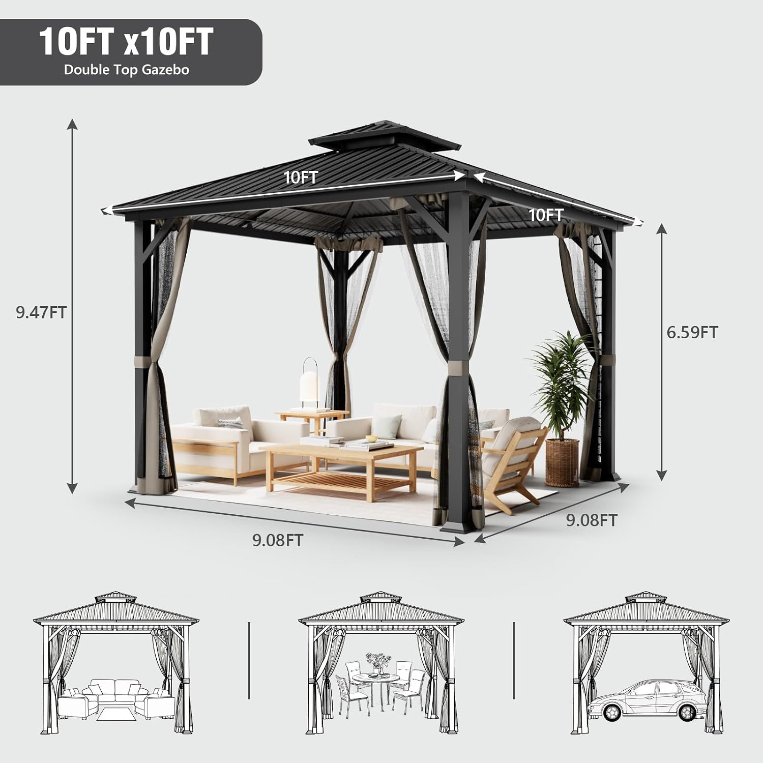 10x10 Hardtop Gazebo, Heavy Duty Outdoor Gazebo with Powder-Coated Iron Frame,Double Galvanized Steel Roof, Permanent Metal Pavilion with Mosquito Netting for Backyard, Patio & Garden