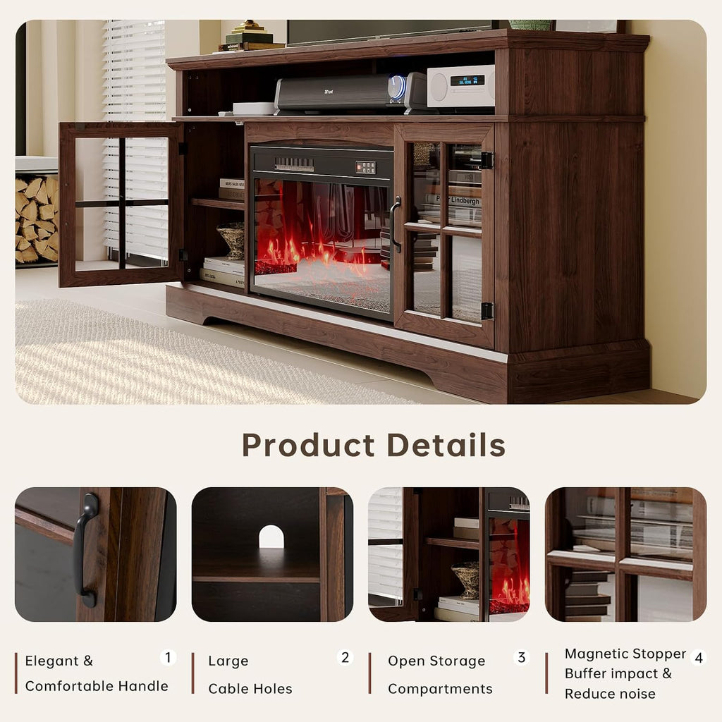 58' Farmhouse TV Stand with 23' Fireplace for TVs up to 80', Media Entertainment Center with Adjustable Shelves and Large Storage Cabinets, for Living Room, Brown & Black
