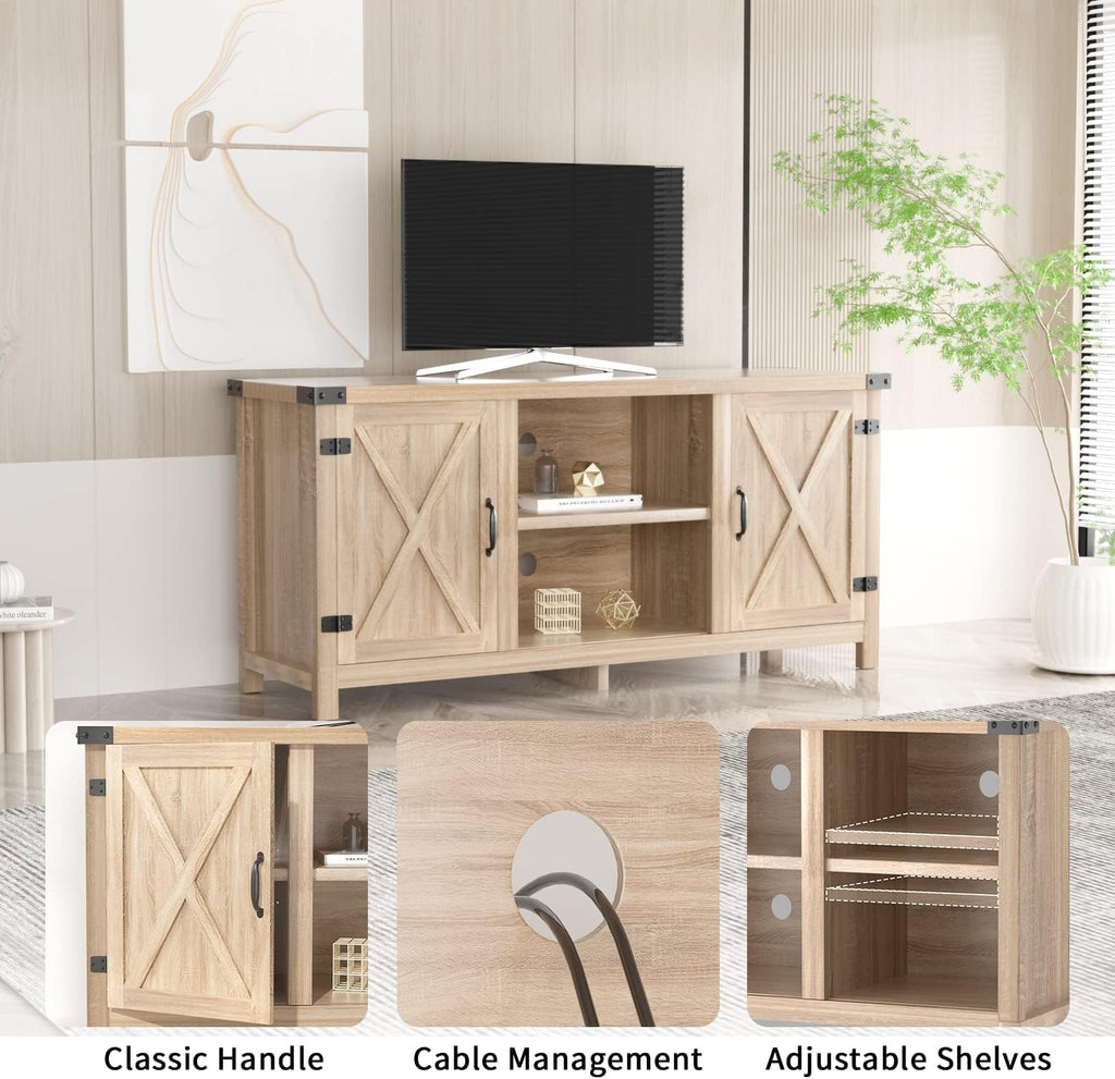 JUMMICO TV Stand, 65 Inch TV Farmhouse Entertainment Center with Double Barn Doors and Storage Cabinets, Console TV Table Media for Living Room, Bedroom (Pale Yellow)
