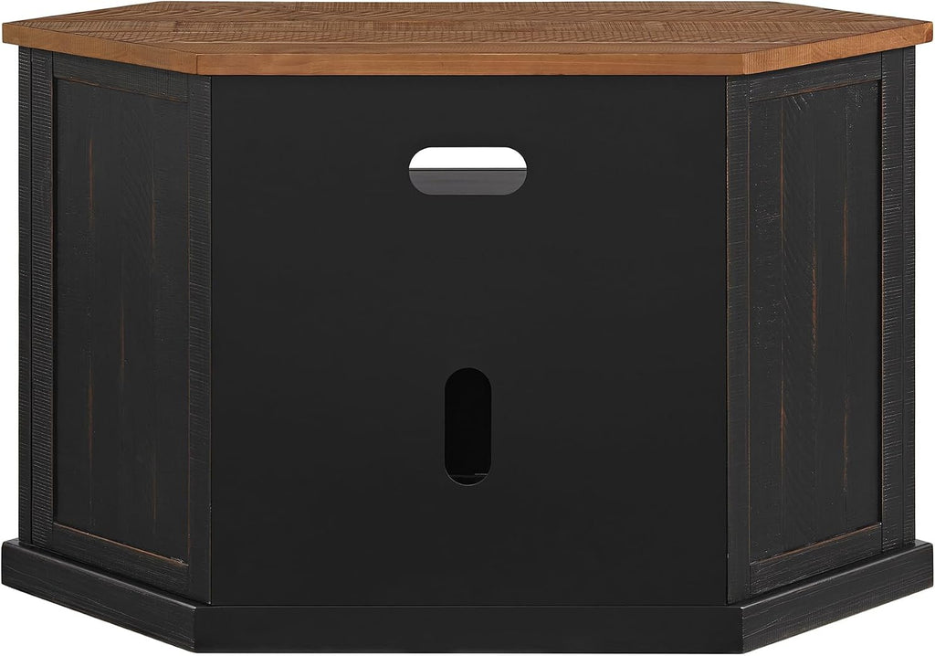 Martin Svensson Home Rustic Solid Wood Corner TV Stand - Black with Honey Top and Doors - Hexagonal Shape and Farmhouse Design Entertainment Center with Shelves Included