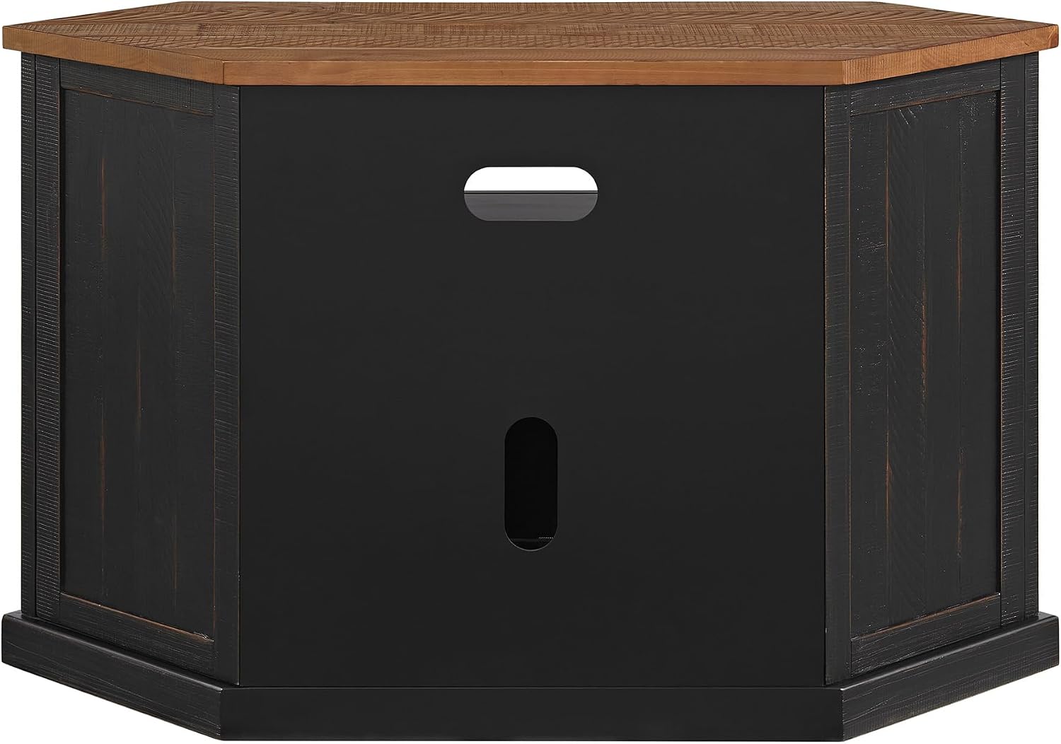 Martin Svensson Home Rustic Solid Wood Corner TV Stand - Black with Honey Top and Doors - Hexagonal Shape and Farmhouse Design Entertainment Center with Shelves Included