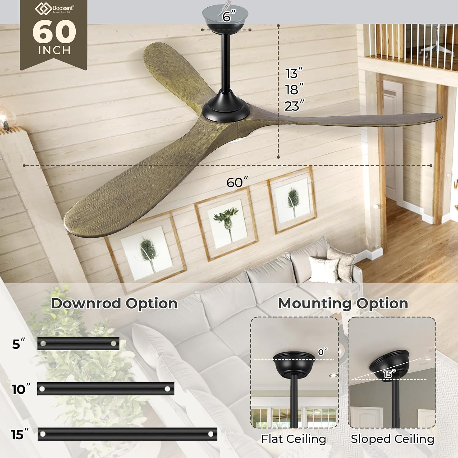 60' Ceiling Fans with Lights and Remote Control, Outdoor Ceiling Fan with Lights High CFM Quiet 3 Blade Wood Walnut Ceiling Fan,Bronze Gray