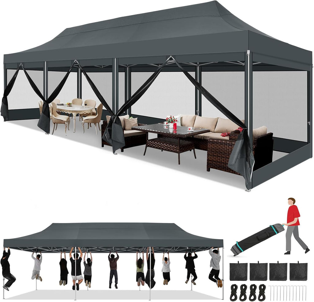 COBIZI 10x30 Heavy Duty Pop Up Canopy Tent with 8 Sidewalls, Easy Set Up Outdoor Waterproof Screen Commercial Party Tent with Mosquito Netting for Parties Backyard Patio, Roller Bag, Gray