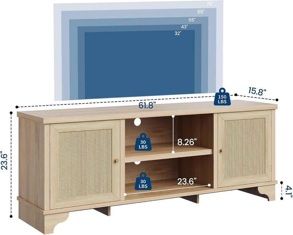 GarveeHome Rattan TV Stand Fits TVs Up to 70 Inches, Boho Entertainment Center with Storage, Wooden Media Console Table for Living Room, Natural Oak