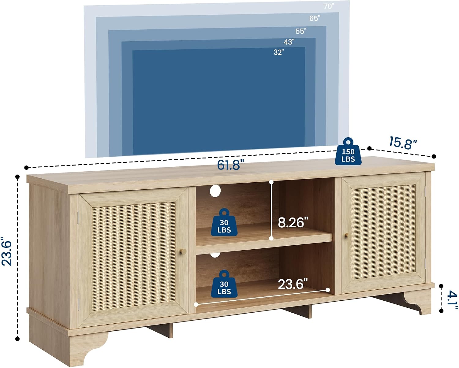GarveeHome Rattan TV Stand Fits TVs Up to 70 Inches, Boho Entertainment Center with Storage, Wooden Media Console Table for Living Room, Natural Oak