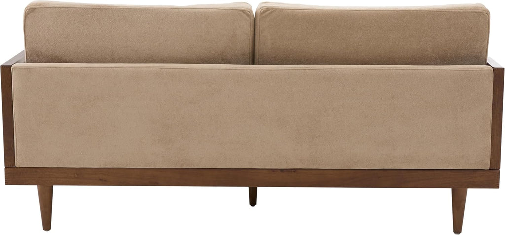 Christopher Knight Home Emir 3 Seater Sofa with Cushion, Sofa Chair with Cane Rattan and Wooden Frame, Spacious Seating Couch for Living Room/Bedrooms, Modern Slat Panel Sofa Couch, Walnut + Camel