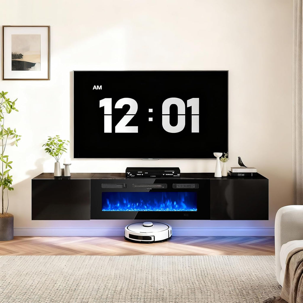 70'' Floating TV Stand with 36' Electric Fireplace, Wall Mounted Entertainment Center with Storage for TVs up to 80', Adjustable 12-Color LED Media TV Console for Living Room,All Black
