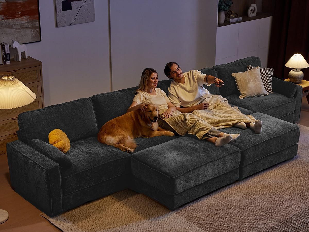 Vipbear 160' Oversized Modular Sectional Sofa, U Shaped Couch Set with 2 Pillows, 6 Seat Comfy Cloud Couches with 2 Movable Ottomans for Living Room, Bedroom and Apartment, Chenille Dark Grey