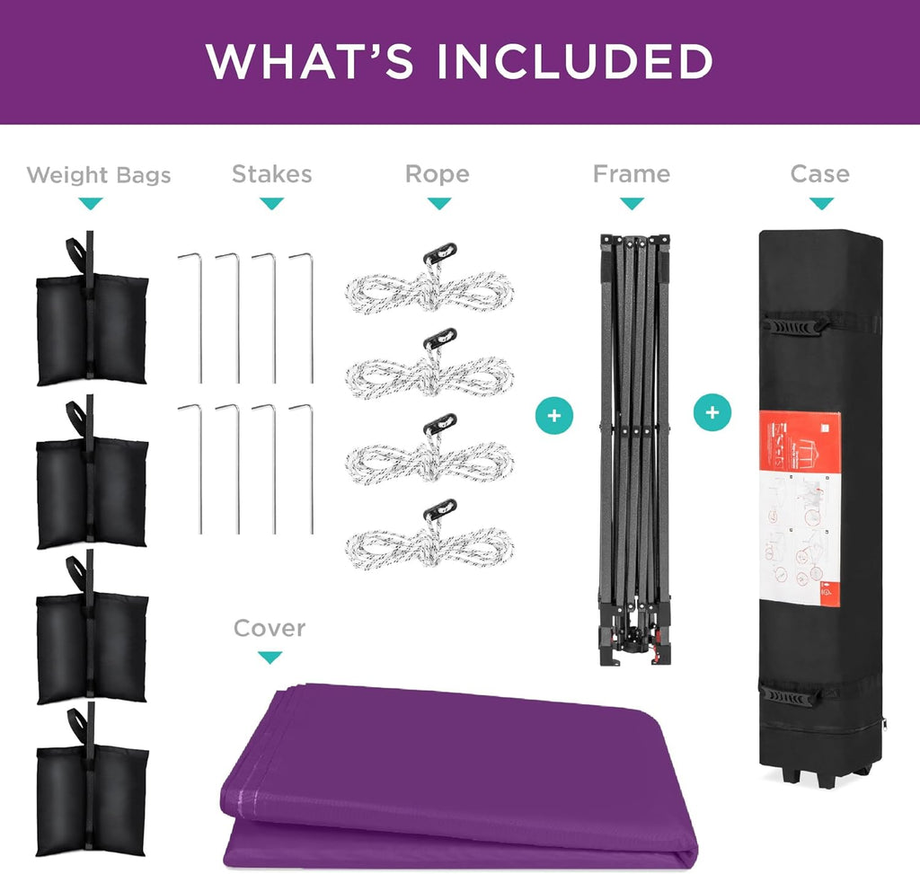 Best Choice Products 10x10ft Pop Up Canopy Tent, Outdoor Shade, 1 Person 1 Minute Set Up, Carry Case, 4 Weight Bags - Amethyst Purple