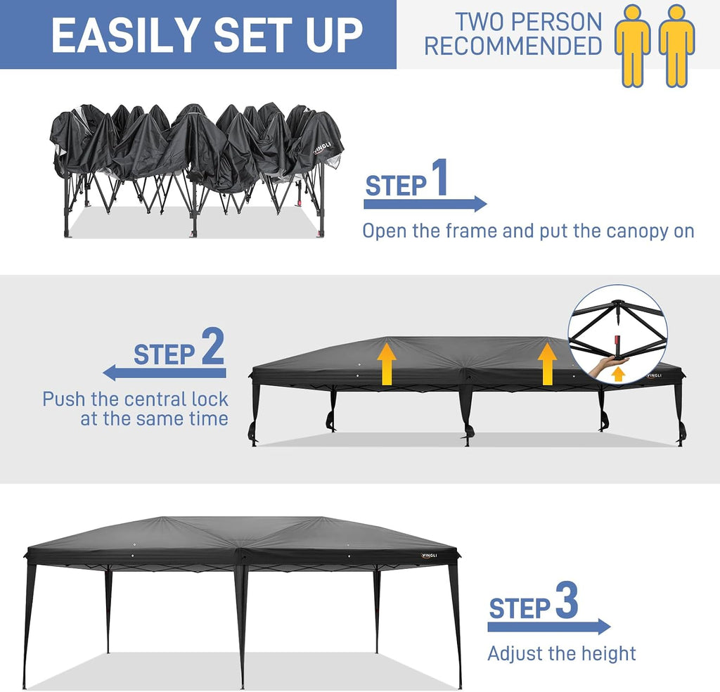 VINGLI 10x20 Pop Up Canopy Tent, Outdoor Tent Canopies Foldable Portable Canopies for Camping, Patio, Parties, EZ Up Gazebo Canopy with Carry Bag, Carpas para Patio (Black)