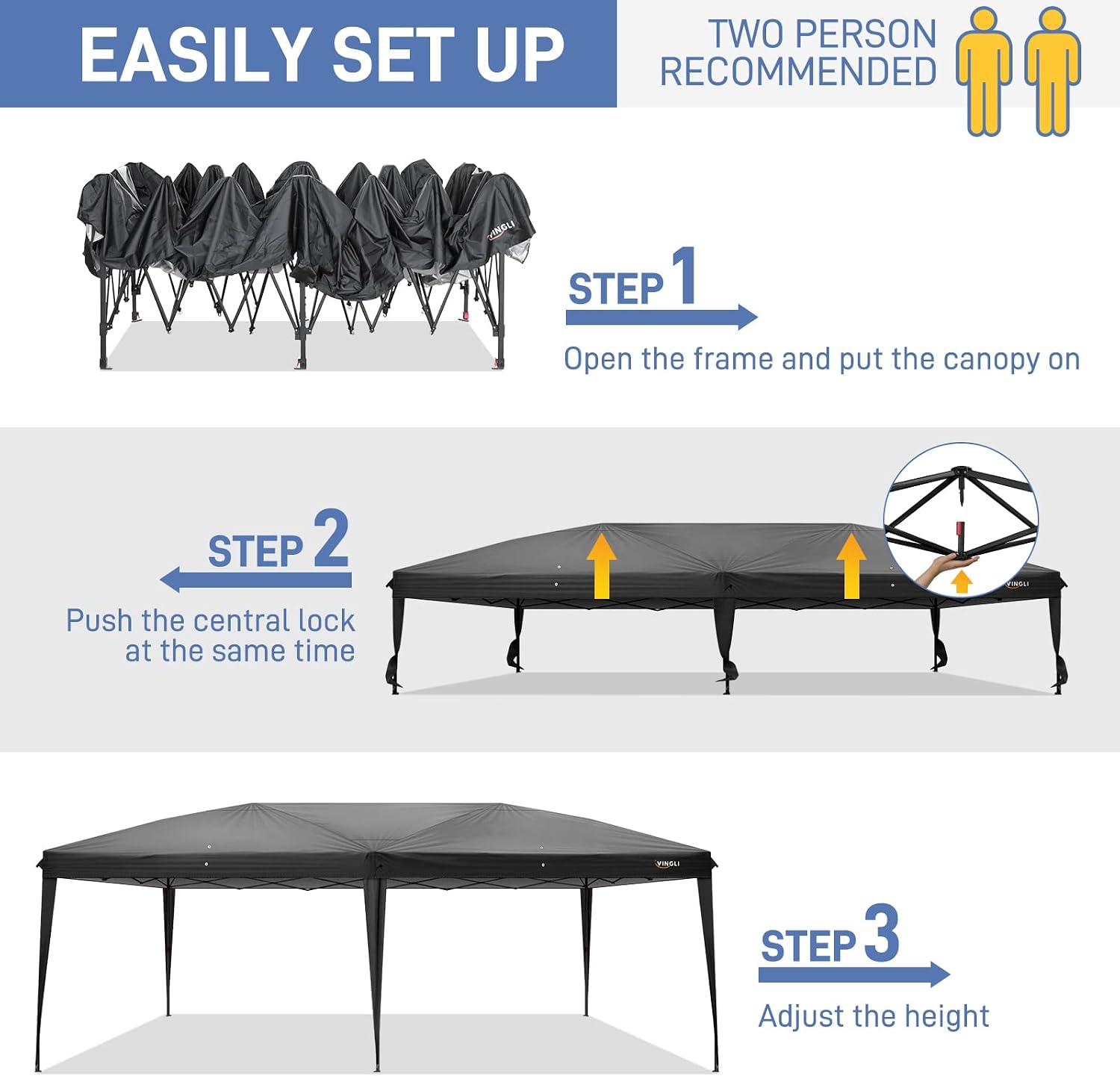VINGLI 10x20 Pop Up Canopy Tent, Outdoor Tent Canopies Foldable Portable Canopies for Camping, Patio, Parties, EZ Up Gazebo Canopy with Carry Bag, Carpas para Patio (Black)