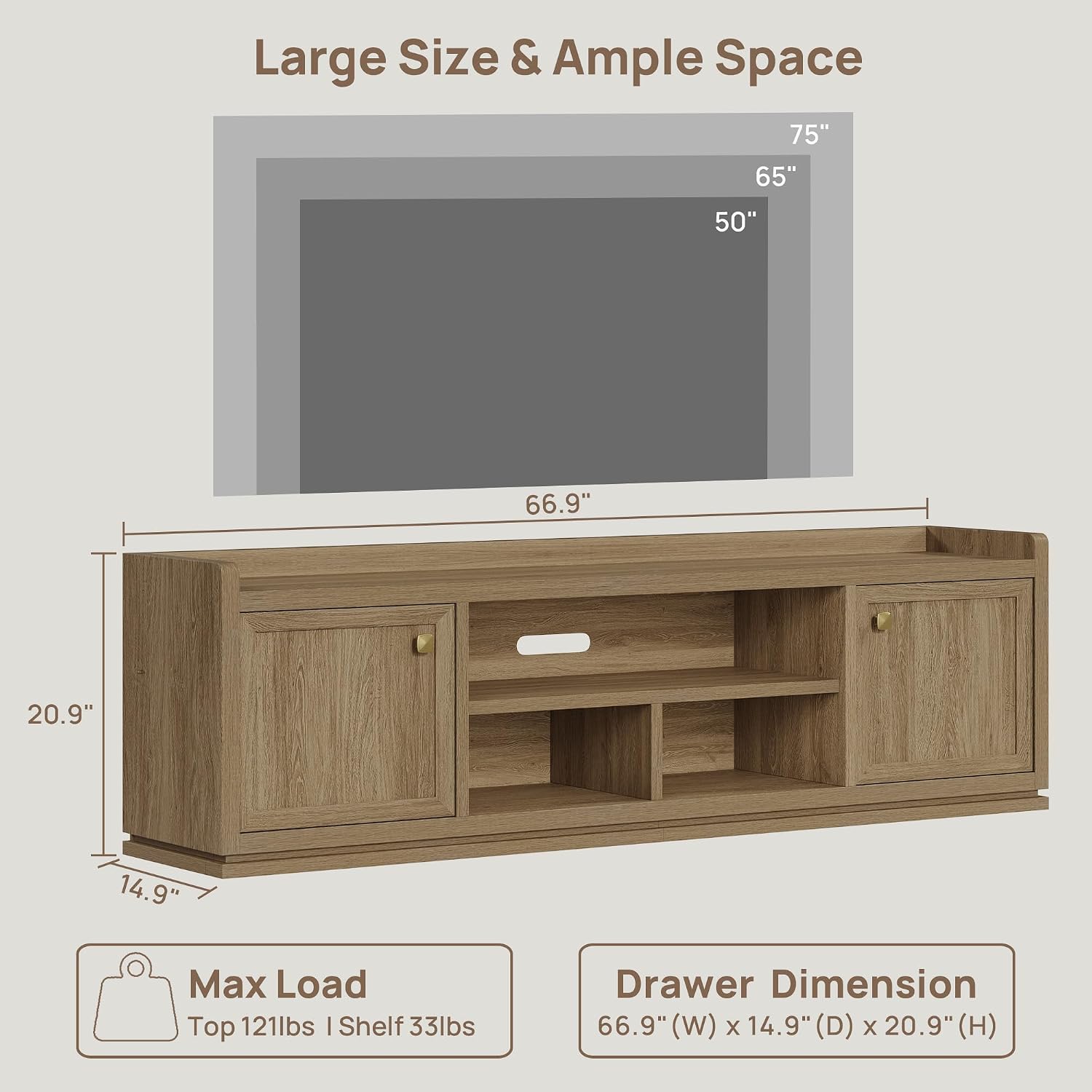SICOTAS TV Stand Entertainment Center - 67' TV Console for Living Room Modern TV Stand for Bedroom, Media Console with Shelf and Cabinet, Entertainment Stand for TVs up to 65 75 Inch(Brown Oak)