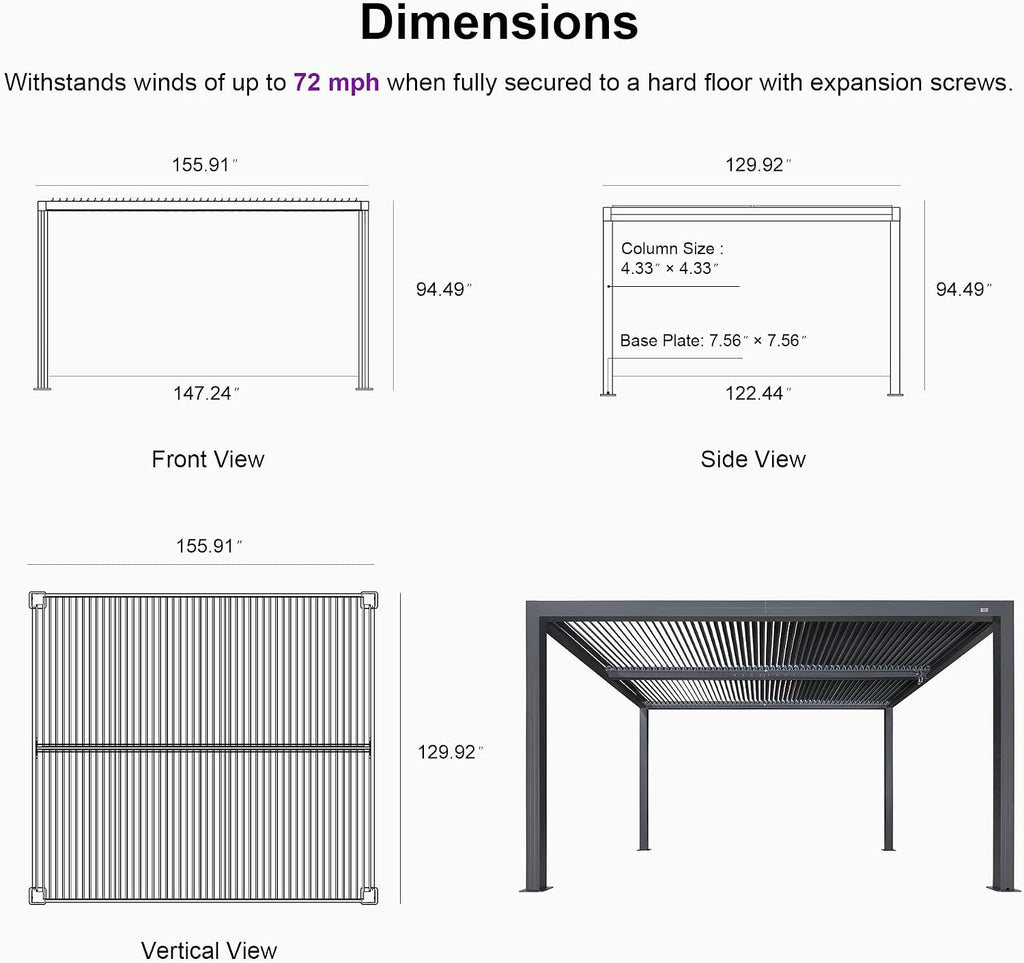 PURPLE LEAF Louvered Pergola 94AS 11' x 13' Outdoor Aluminum Pergola with Shade Screen Adjustable Roof for Deck Backyard Grey Hardtop Gazebo, 1 Long Side and 2 Short Sides