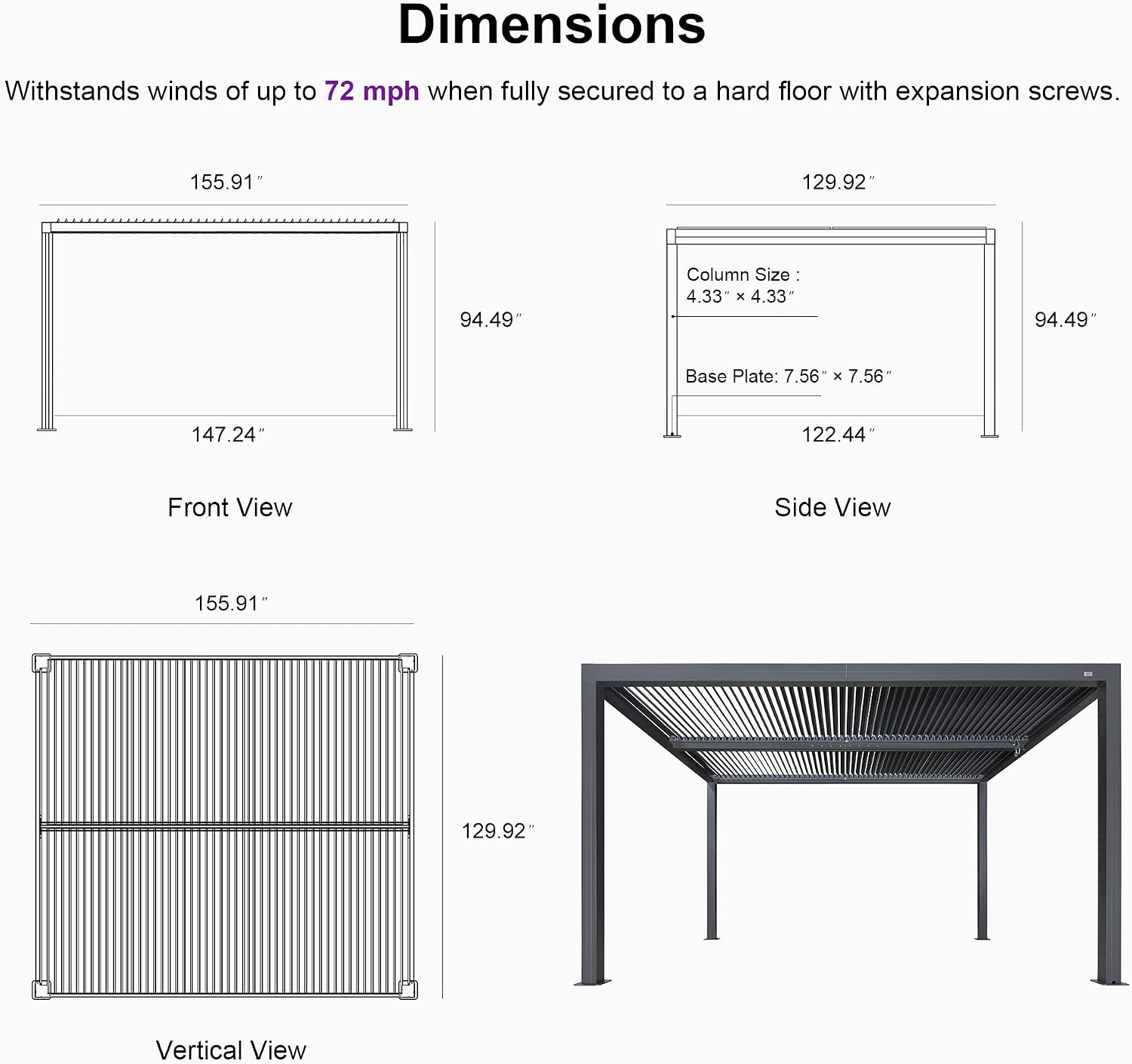 PURPLE LEAF Louvered Pergola 94AS 11' x 13' Outdoor Aluminum Pergola with Shade Screen Adjustable Roof for Deck Backyard Grey Hardtop Gazebo, 1 Long Side and 2 Short Sides