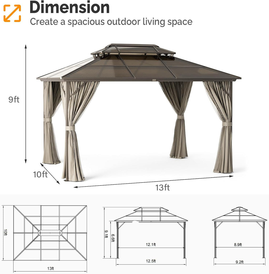 VINGLI 10'x13' Hardtop Gazebo, Aluminum Frame Permanent Pavilion with Curtains and Netting, Outdoor Gazebo, Double Polycarbonate Roof Canopy, for Gardens, Patios, Lawns