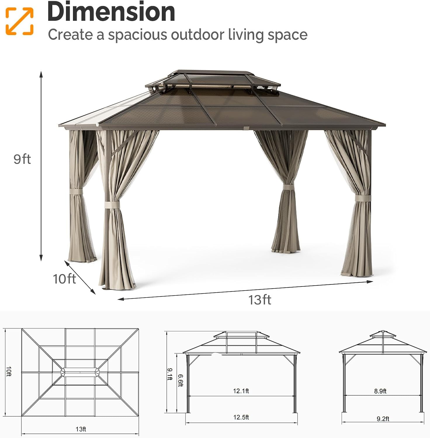 VINGLI 10' x 13' Outdoor Hardtop Gazebo Polycarbonate Double Roof Canopy Aluminum Frame Patio Pavilion Gazebo with Curtains and Netting Patio Gazebo