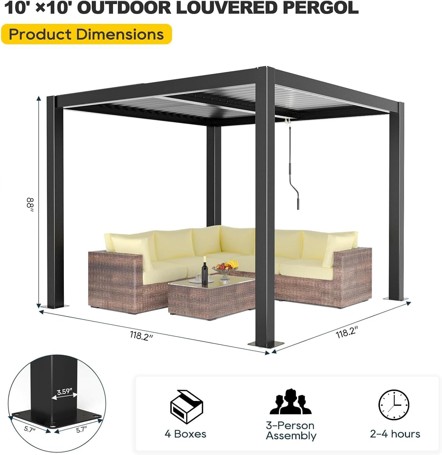 Outdoor Louvered Pergola 10' x 10', Aluminum Louvered Pergola with Adjustable Roof, Adjustable Pergolas for Outdoor Deck, Patio, Lawn & Garden