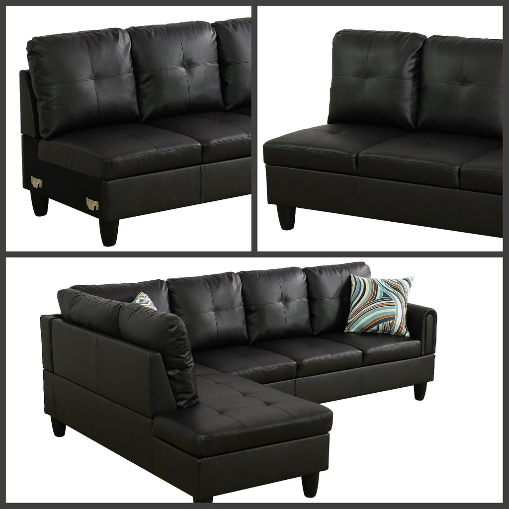 L Shaped Couch Sectional Couches with Chaise, 3 Pieces Modular Convertible Sofa for Living Room Furniture Sets and Small Apartment Faux Leather, Black