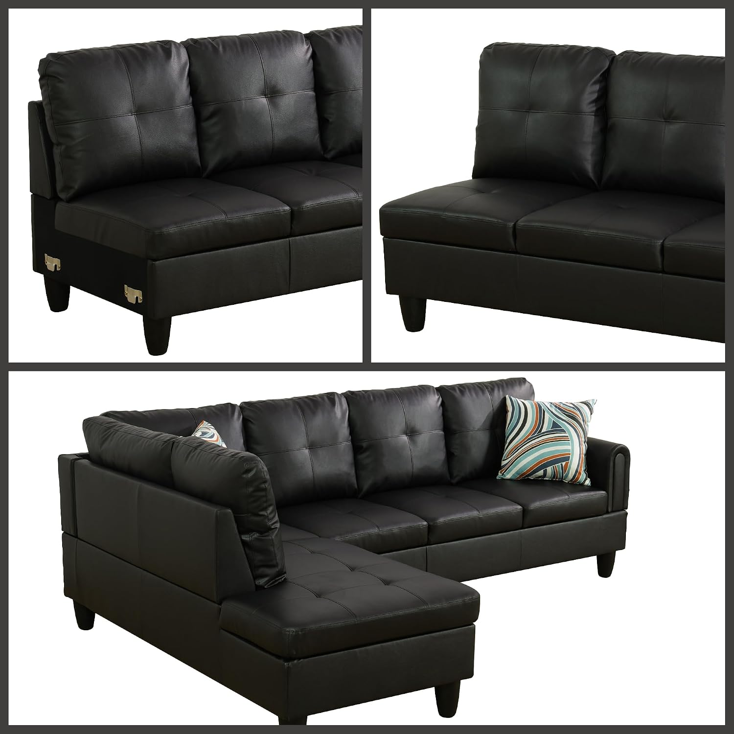 L Shaped Couch Sectional Couches with Chaise, 3 Pieces Modular Convertible Sofa for Living Room Furniture Sets and Small Apartment Faux Leather, Black