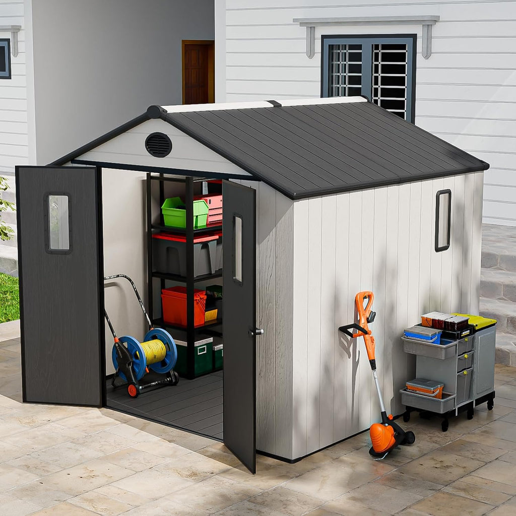 8x6 Outdoor Storage Shed with Floor, Heavy Duty Resin Tool Shed, Weather Resistant Garden Storage Building with Windows & Ventilation, White/Gray