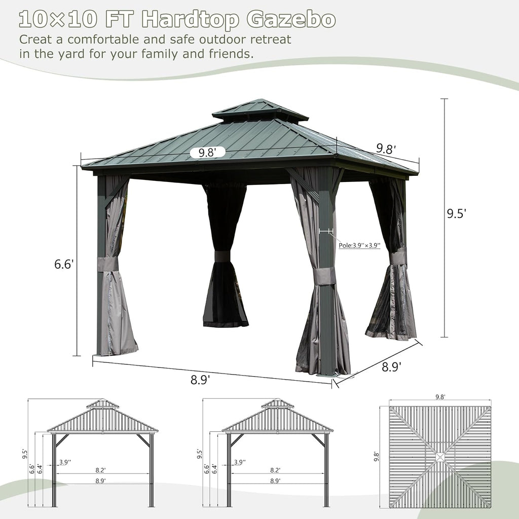 Domi Hardtop Gazebos 10x10FT, Aluminum Metal Gazebo with Galvanized Steel Double Roof Canopy, Curtain and Netting, Permanent Gazebo Pavilion for Patio, Backyard, Deck and Lawn, Grey