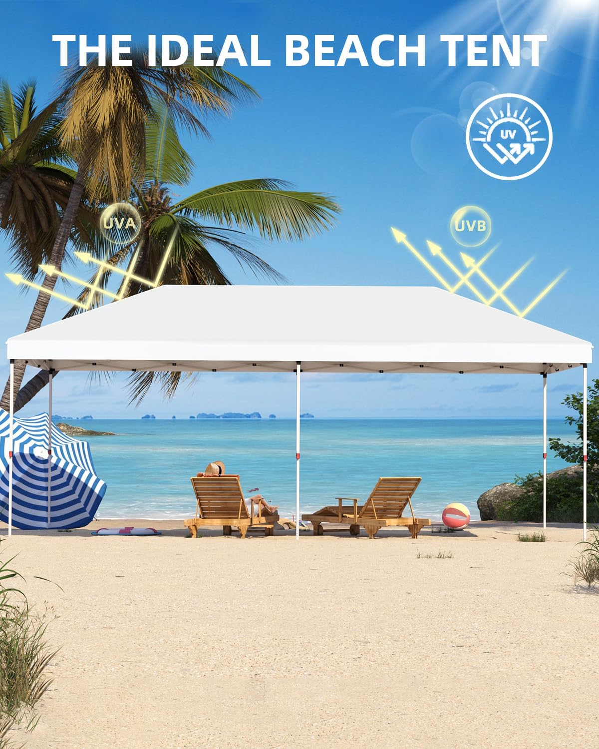 10x20 Pop Up Canopy Tent，Gazebos One-Button Instant Setup, Heavy-Duty 210D Oxford Fabric & Rust-Proof Frame - 3 Adjustable Heights, Roller Bag, 4 Sandbags - UV Protection for Beach, Party