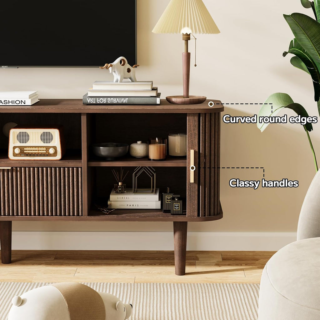 Fluted TV Stand for TVs Up to 60 Inch, 55' Mid-Century Entertainment Center with Sliding Doors&Drawer, Modern Media Console for Living Room, Walnut (55.1' L*15.7*W*23' H)