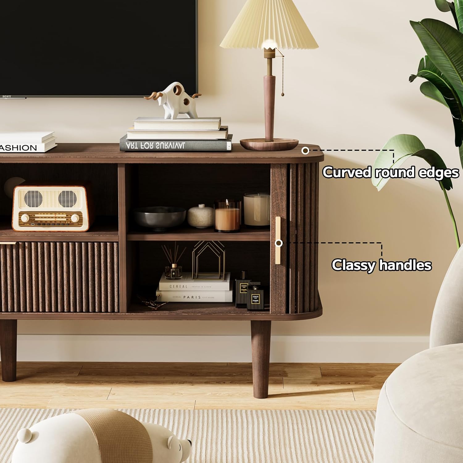 Fluted TV Stand for TVs Up to 60 Inch, 55' Mid-Century Entertainment Center with Sliding Doors&Drawer, Modern Media Console for Living Room, Walnut (55.1' L*15.7*W*23' H)