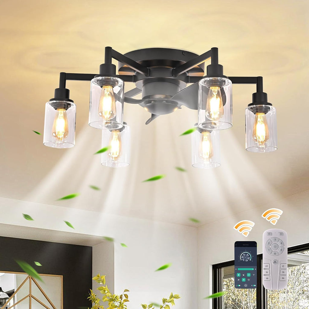 Garwarm 26.4' Ceiling Fans with Lights, Black Flush Mount Ceiling Fan with Lights Remote Control,Low Profile Bladeless Ceiling Fan Light Fixture for Bedroom, Kitchen, Dining Room