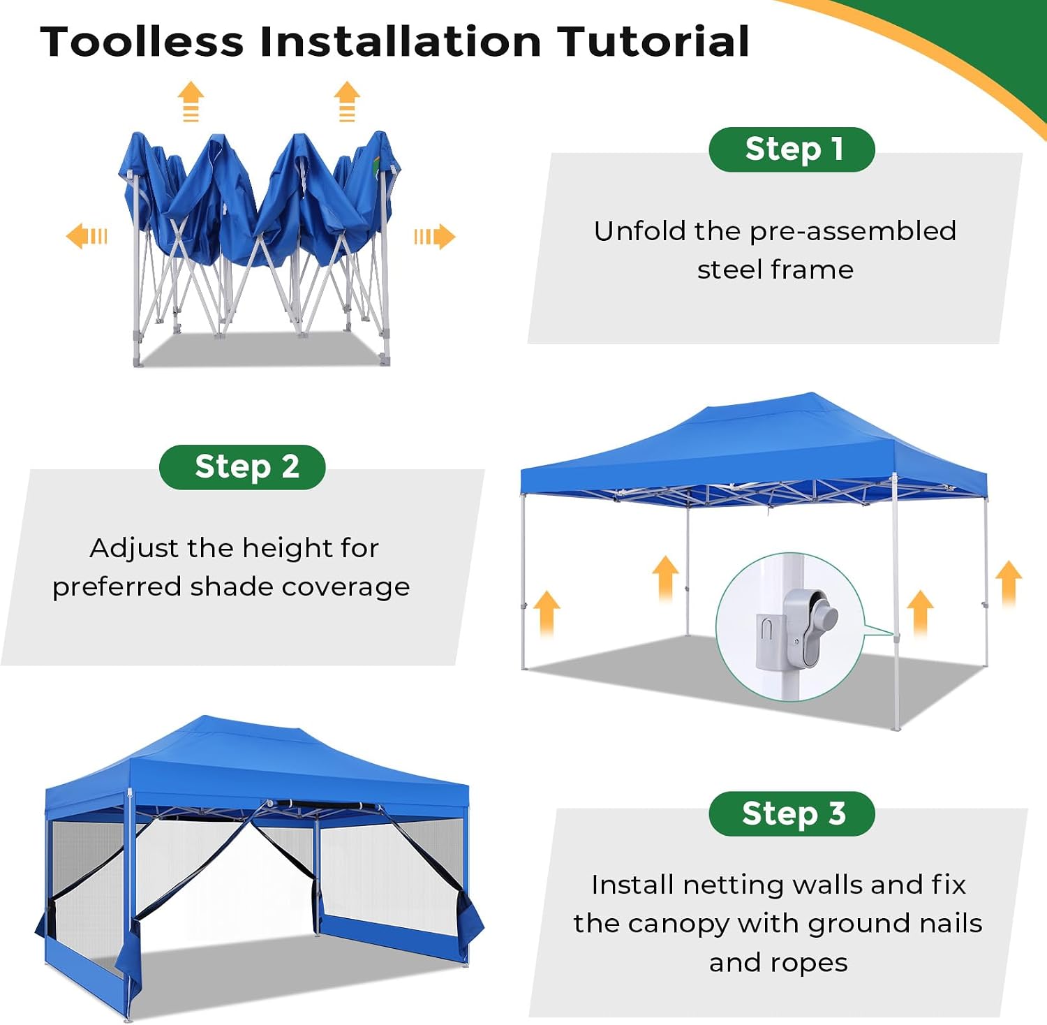 COBIZI 10x15 Heavy Duty Pop Up Canopy Tent with 4 Sidewalls, Commercial Gazebo Party Tent with Mosquito Netting Wall Easy Set Up Outdoor Instant Screen Tent for Backyard, Patio, Garden, Blue