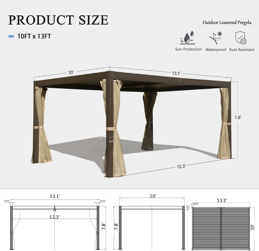 Domi Outdoor Living 10' x 13' Louvered Pergola with Adjustable Rainproof Roof, Outdoor Aluminum Frame Hardtop Gazebo for Backyard, Garden and Lawn w/Netting (Dark Brown)