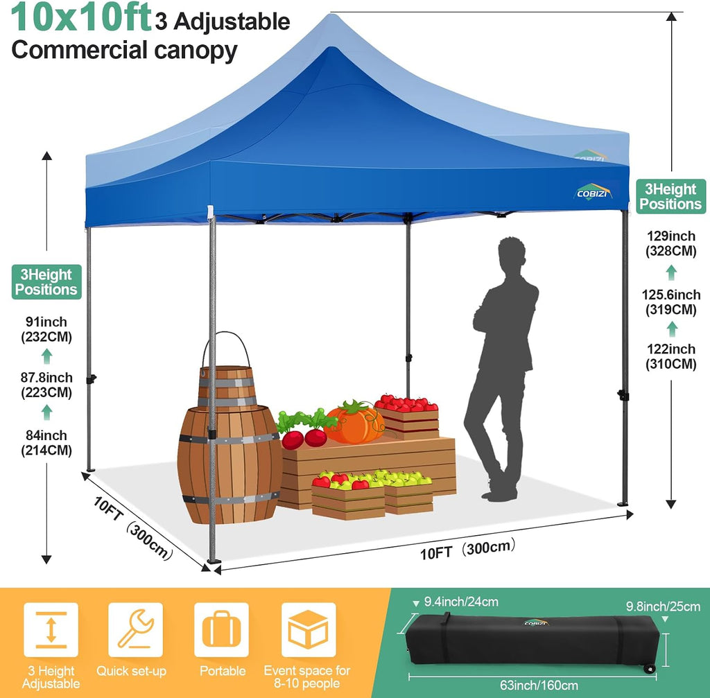 COBIZI 10x10 Pop Up Canopy with Sidewalls Heavy Duty Party Tent with Removable Awning Easy Up Outdoor Canopy Wedding, All Season Windproof&Waterproof with Roller Bag UPF 50+, Blue