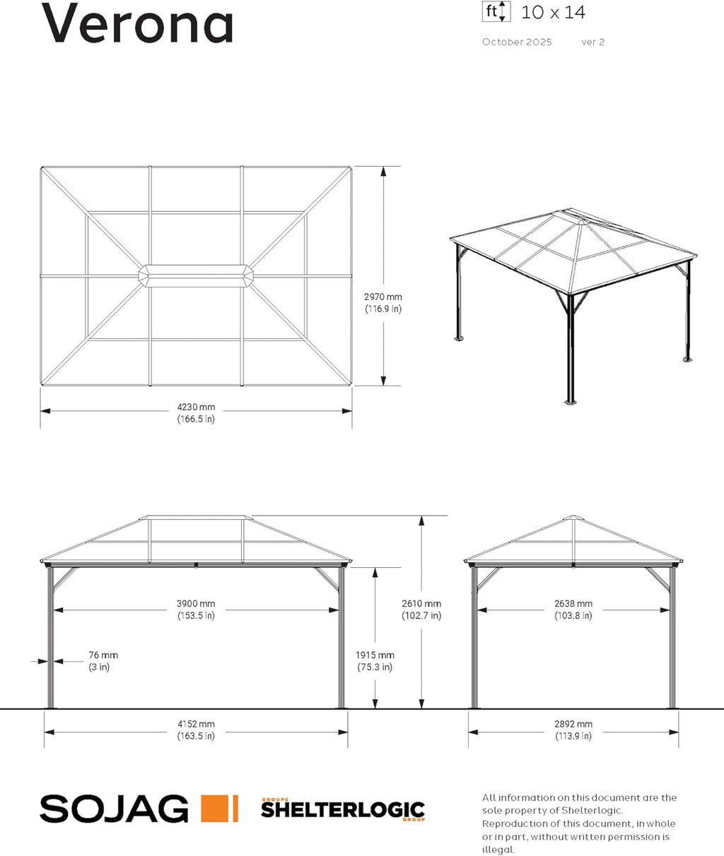 Sojag Outdoor 10' x 14' Verona Hardtop Gazebo Outdoor Sun Shelter