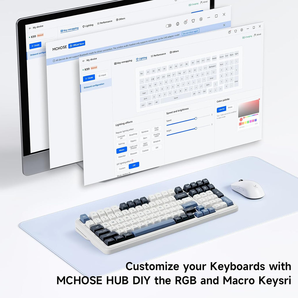 MCHOSE K99 Wireless Mechanical Keyboard, Tri-Mode Connection Gaming Keyboard, Hot Swappable Custom Gasket Structure, Pre-lubed Linear Switches, Double Shot PBT Keycaps RGB LED Backlit Navy Blue