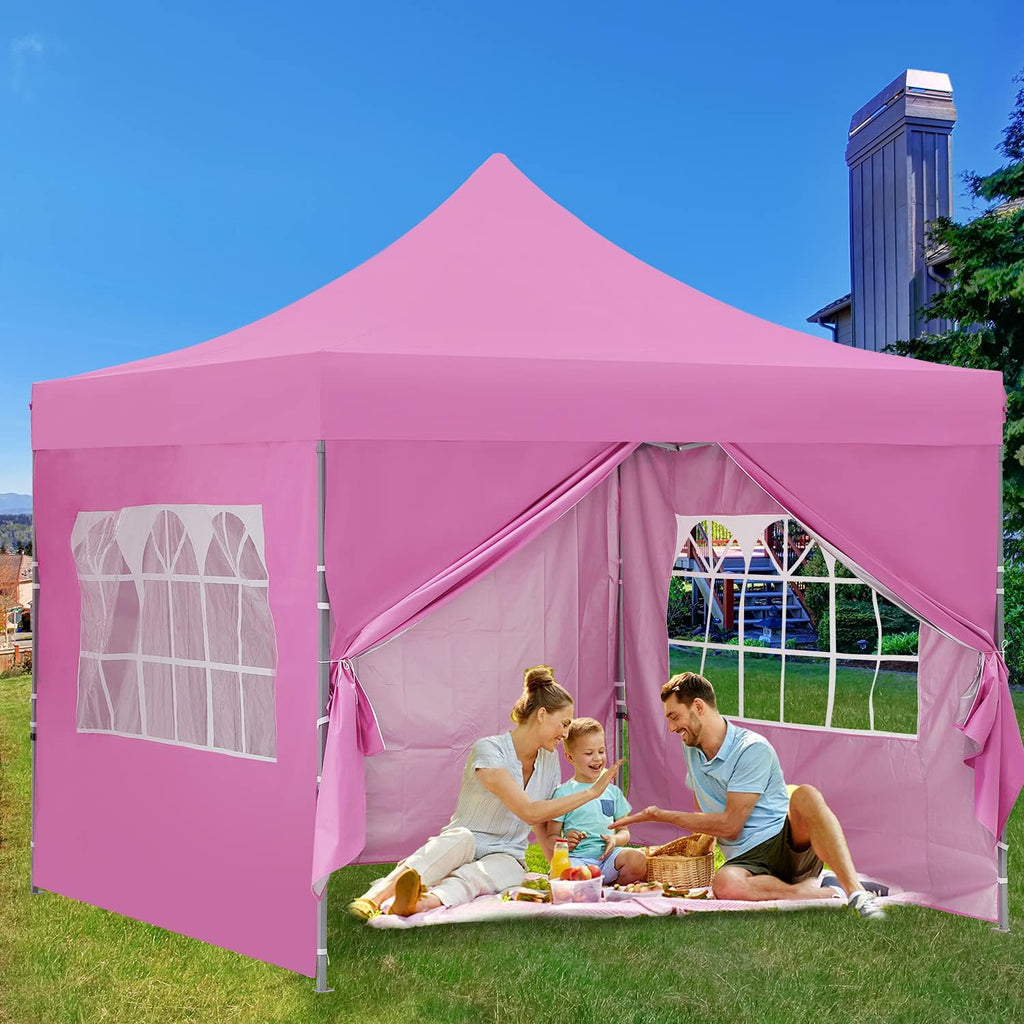 GDY 10x10 Easy Set Up Camping Canopy, Pop Up Tent with 4 Piece Sidewalls, Easy Up Canopy for Events, Parties, Gatherings, Camping, Pink.
