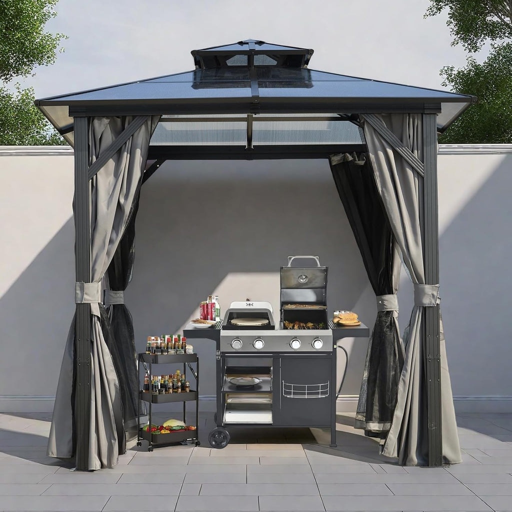 ENDARK 8'x8' Double Roof BBQ Gazebo with Polycarbonate Top, Aluminum Frame, Galvanized Steel, and Double Layer Curtains for Patio and Backyard