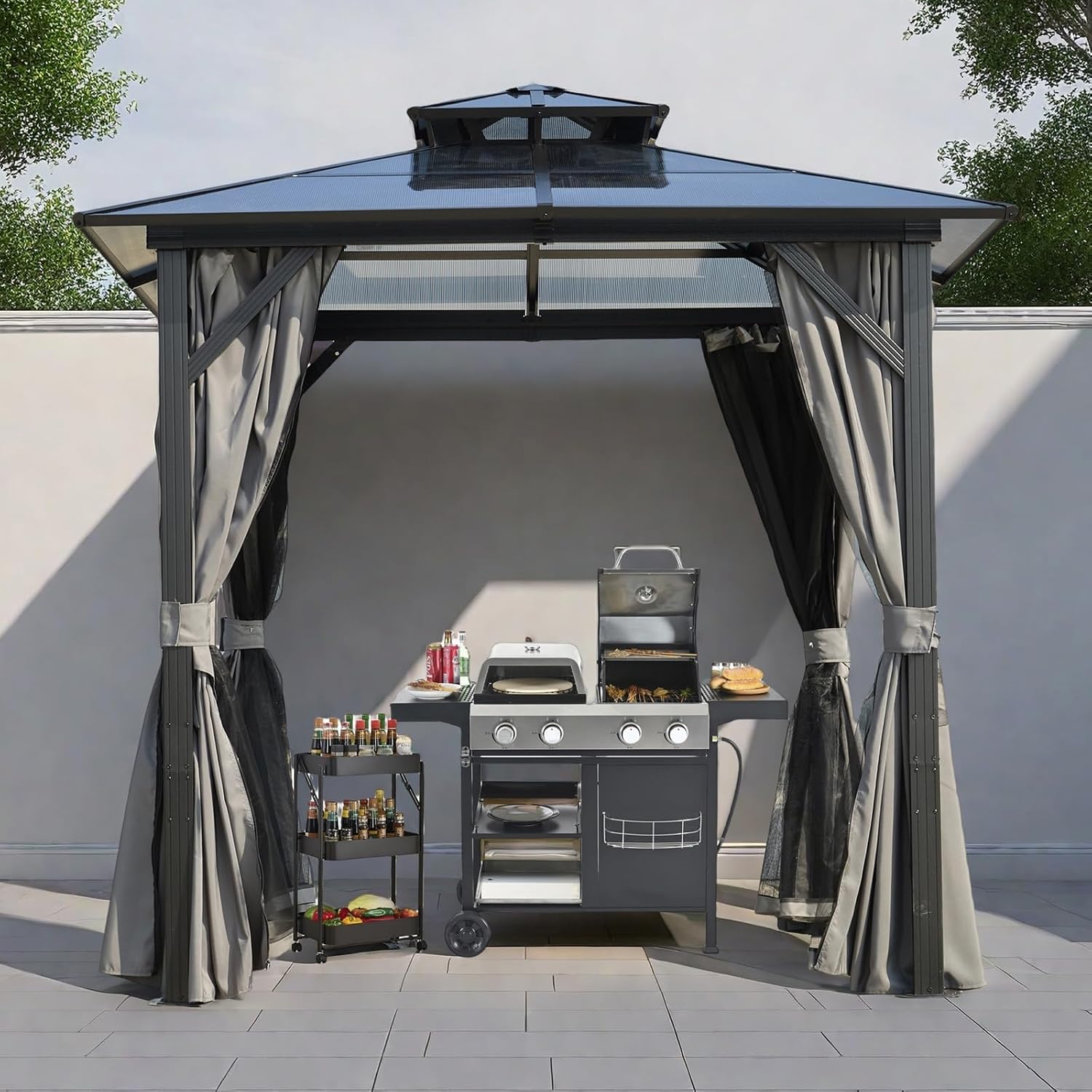 ENDARK 8'x8' Double Roof BBQ Gazebo with Polycarbonate Top, Aluminum Frame, Galvanized Steel, and Double Layer Curtains for Patio and Backyard