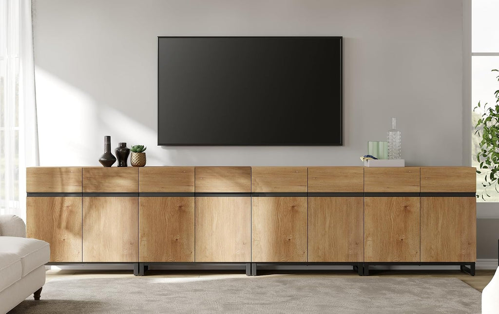 WAMPAT Modern TV Stand for TVs Up to 110 Inch, 4-in-1 Wood Entertainment Center with Adjustable Shelves, Media Console for Living Room, Oak