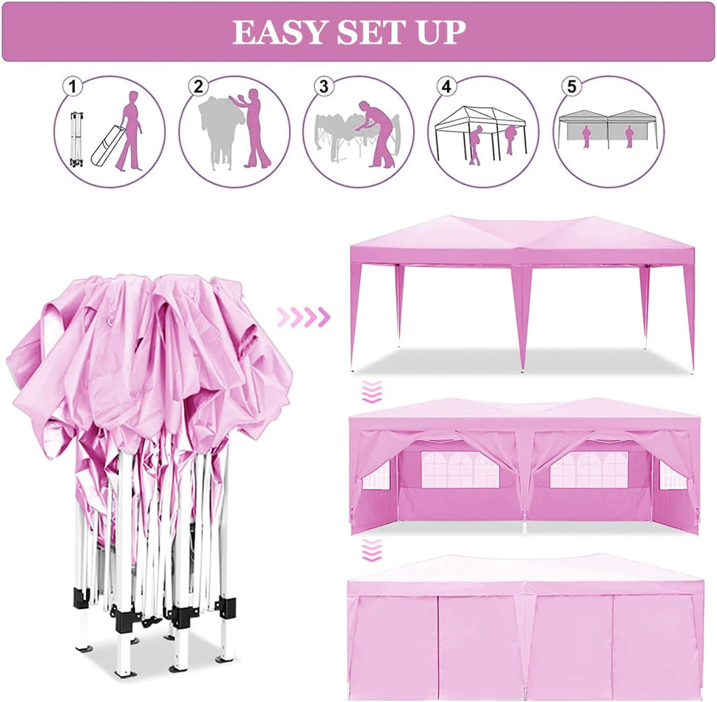 10x20 Pop Up Canopy with 6 Sidewalls Commercial Canopy Tent UPF 50+ All Weather Waterproof Outdoor Wedding Party Tent for Gazebo, Camping, Backyard Parties with Sand Bag, Pink