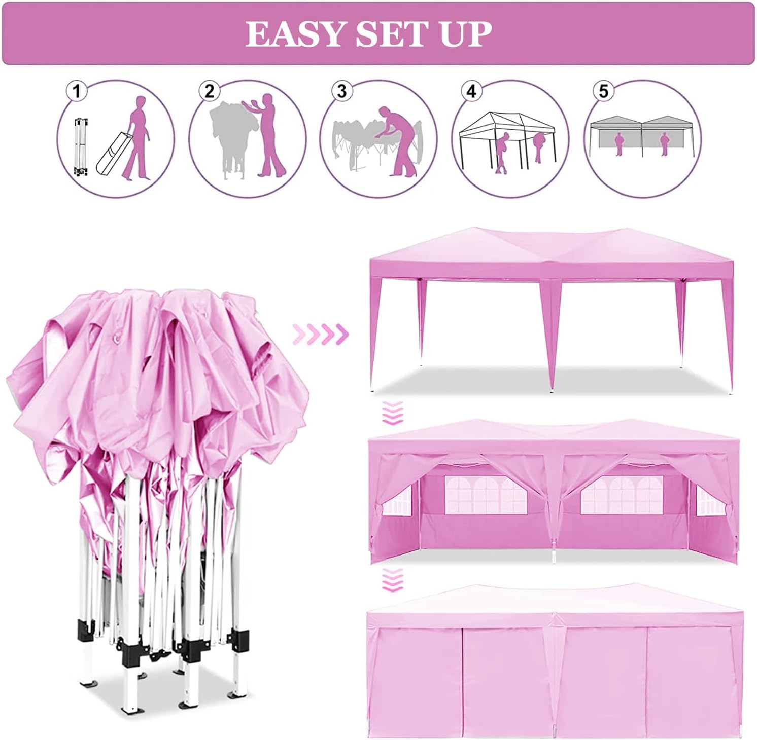 10x20 Pop Up Canopy with 6 Sidewalls Commercial Canopy Tent UPF 50+ All Weather Waterproof Outdoor Wedding Party Tent for Gazebo, Camping, Backyard Parties with Sand Bag, Pink