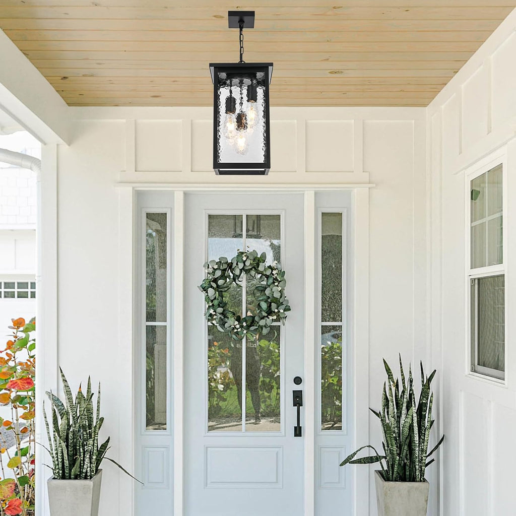 17'' Large Outdoor Pendant Lights for Porch, 3-Lights Matte Black Exterior Hanging Lantern with Hammer Glass, Outdoor Chandelier Ceiling Light Fixture for Patio, Gazebo, Entryway