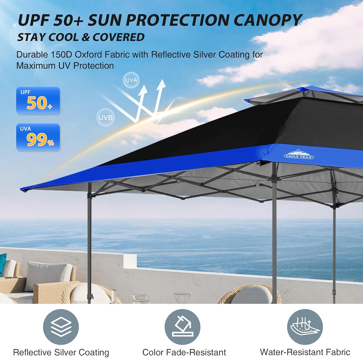 EAGLE PEAK 13x13 Straight Leg Pop Up Canopy Tent Instant Outdoor Canopy Easy Single Person Set up Folding Shelter w/Auto Extending Eaves 169 Square Feet of Shade (Black/Blue)