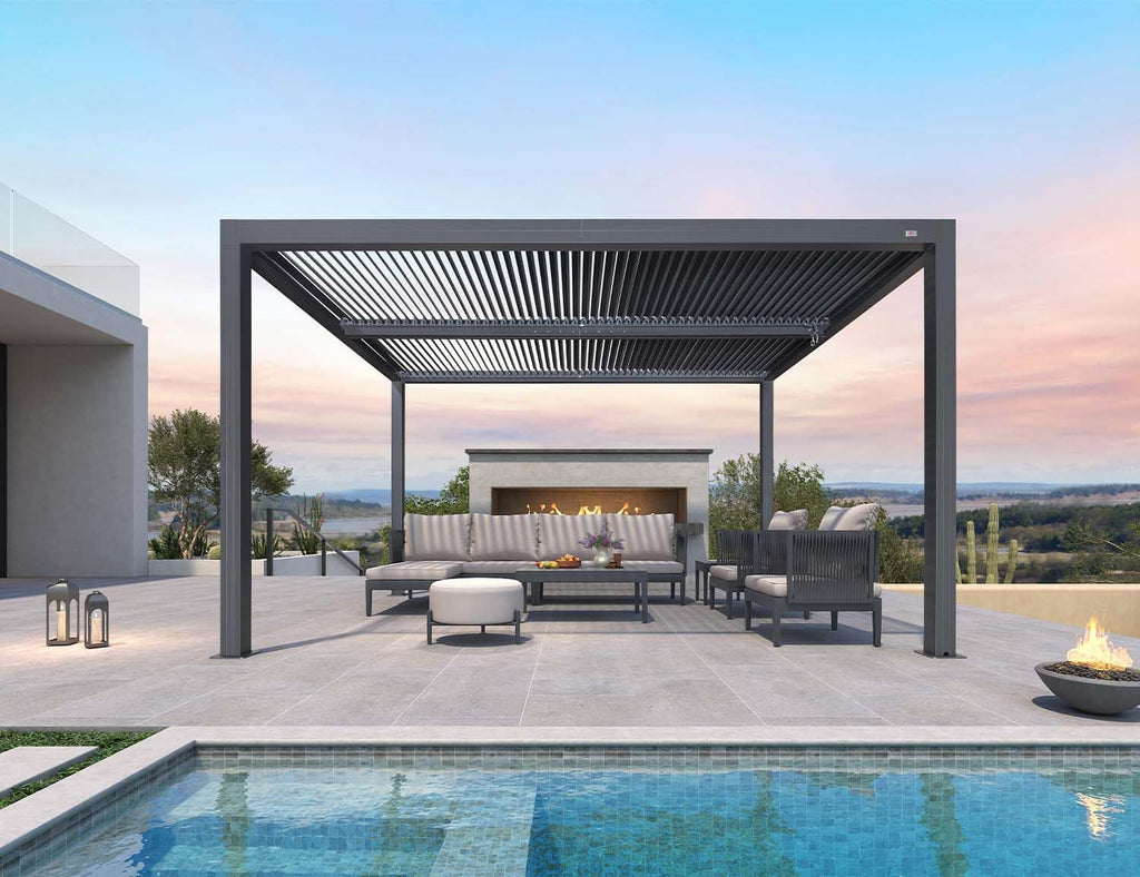 PURPLE LEAF Louvered Pergola 94AS 11' x 13' Outdoor Aluminum Pergola with Shade Screen Adjustable Roof for Deck Backyard Grey Hardtop Gazebo, 1 Long Side and 2 Short Sides