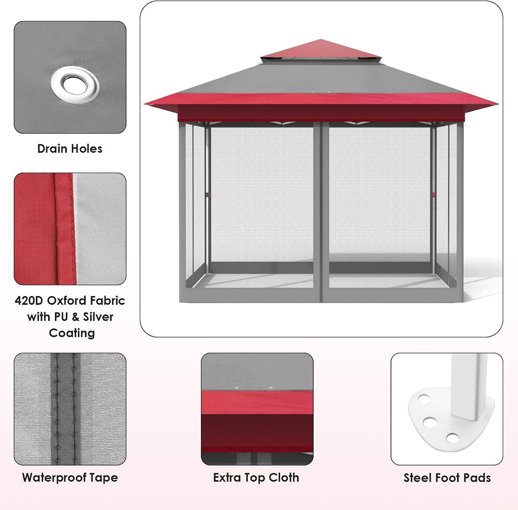 MAMIZO 13ft Pop Up Gazebo, Outdoor Instant Canopy Tent w/4 Netting Sidewall & Auto Extending Eave, Patio Gazebos Shelter w/Mesh Wall, Center Lock, Wheeled Bag for Garden, Yard (Red, 13X13FT)