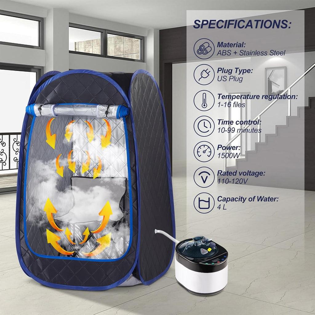 Portable Steam Sauna, Full Size Personal Sauna for Home, One Person Relaxation, with 4L & 1500W Steam Generator, Remote Control, Timer, Portable Sauna Chair (31.49 x 31.49 x 55.1inch, Black)