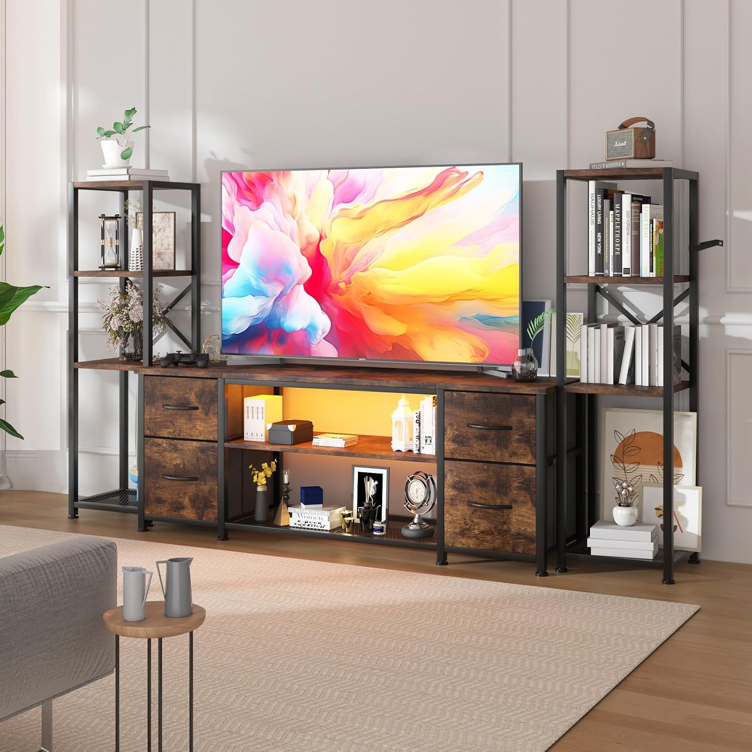 LED TV Stand Bookshelf Combo with Charging Station for 65 60 55 Inch TV, Entertainment Center with Lights & Drawers, Industrial Media TV Console Table for Living Room Bedroom Office, Rustic Brown